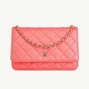 Chanel Coral Pink Caviar Quilted Classic Wallet on Chain